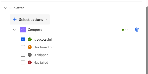 Screenshot of the Configure run after option with "is successful" selected.