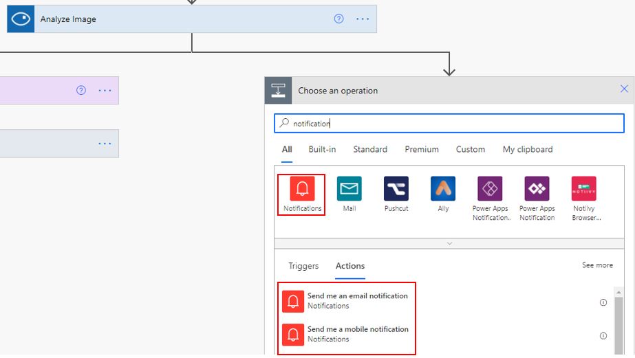 Screenshot of the Choose an operation dialog box for the parallel branch with search results for notification highlighted.