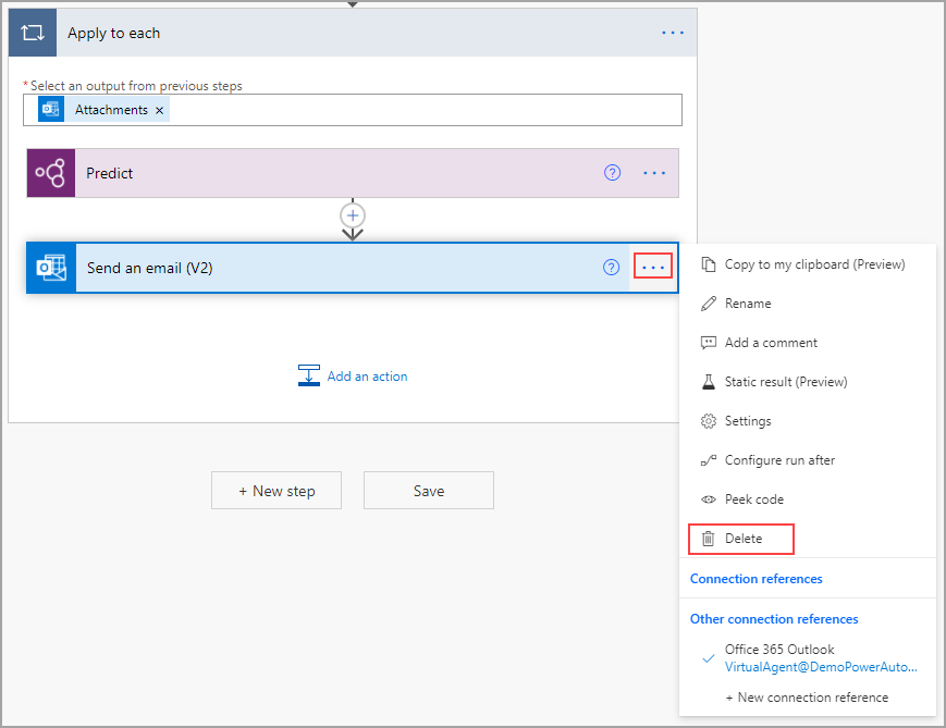 Screenshot of the flow with the ellipsis button on the Send an email action selected and the Delete option highlighted.