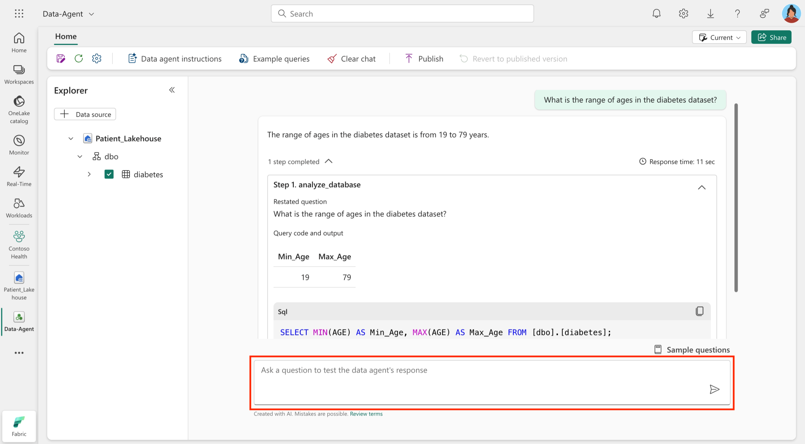 Screenshot of copilot in a Fabric data agent.