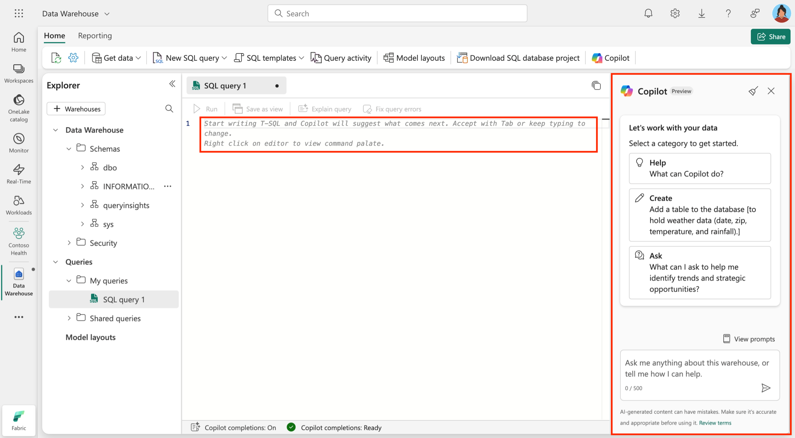 Screenshot of copilot in a Fabric Warehouse editor.