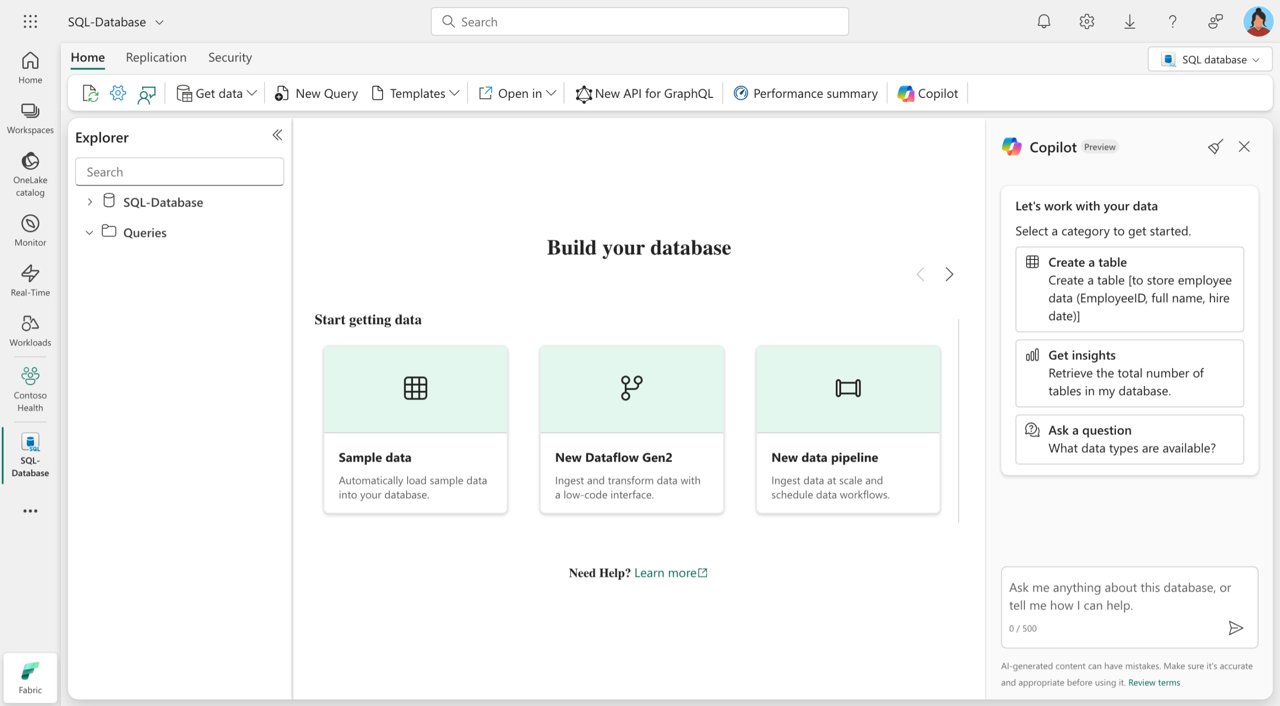 Screenshot of copilot in SQL Database.