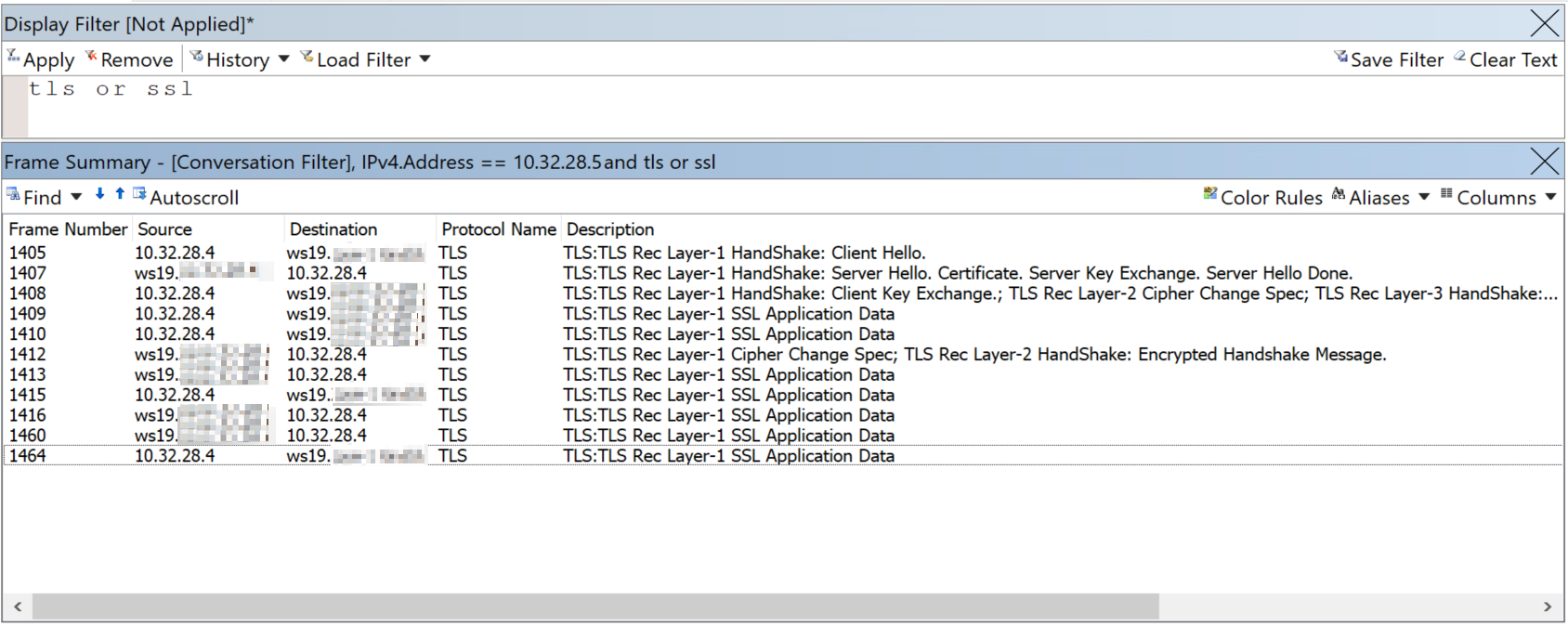 Screenshot of the Display Filter window showing a snapshot of a successful trace.