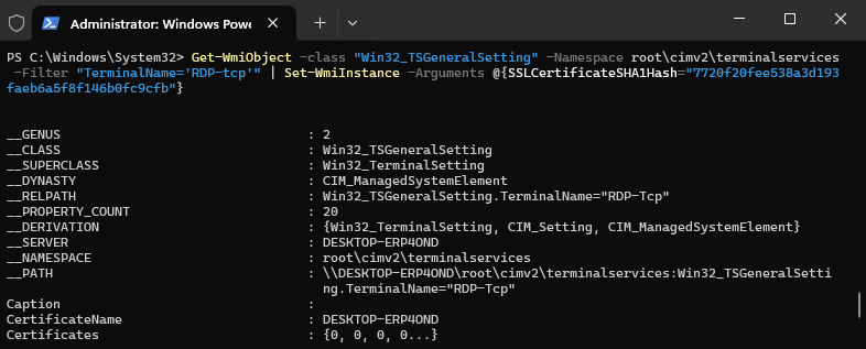 A successful example of running the PowerShell command together with the thumbprint value that you obtain in step 2.