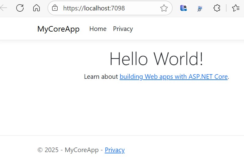 Screenshot shows the Home page for the web app in the browser window. The updated text says 'Hello World!'