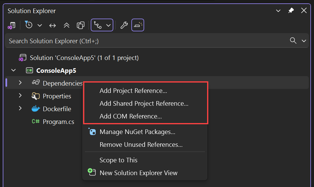 Screenshot that shows the Add Reference dialog from the context menu in Solution Explorer.