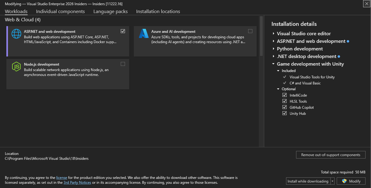 Screenshot of the Workloads tab of Visual Studio Installer.