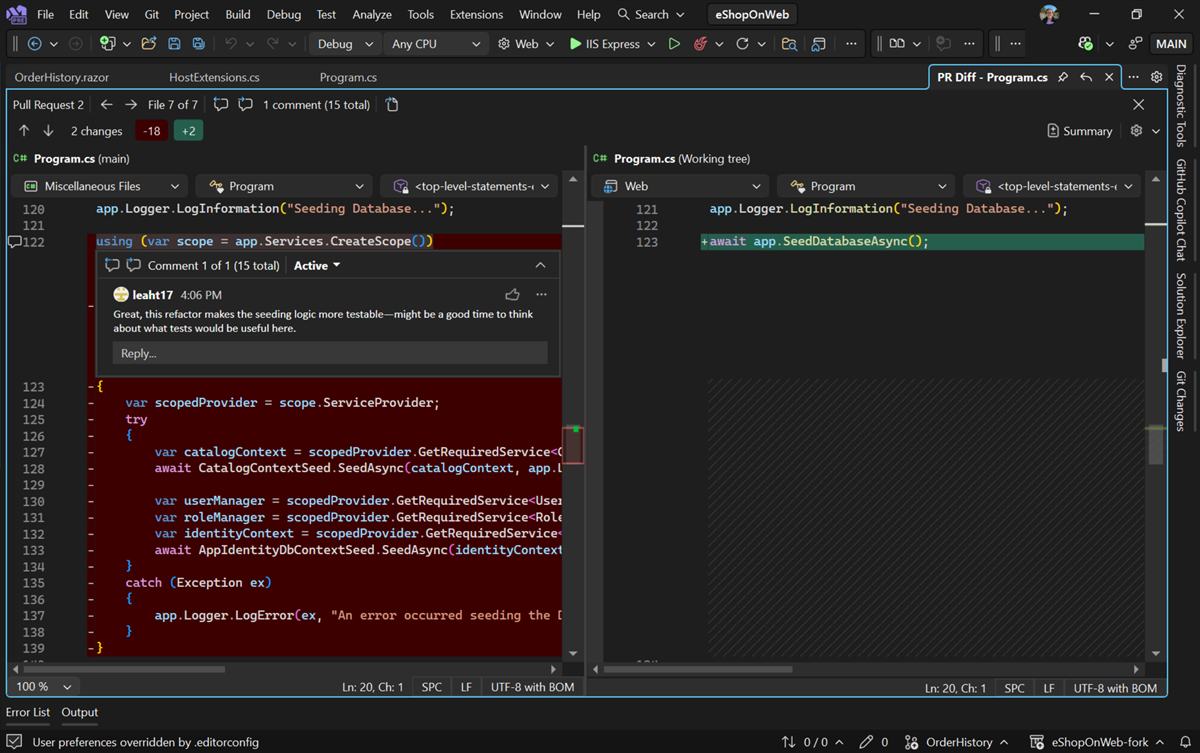 Comments in diff view including over deleted code