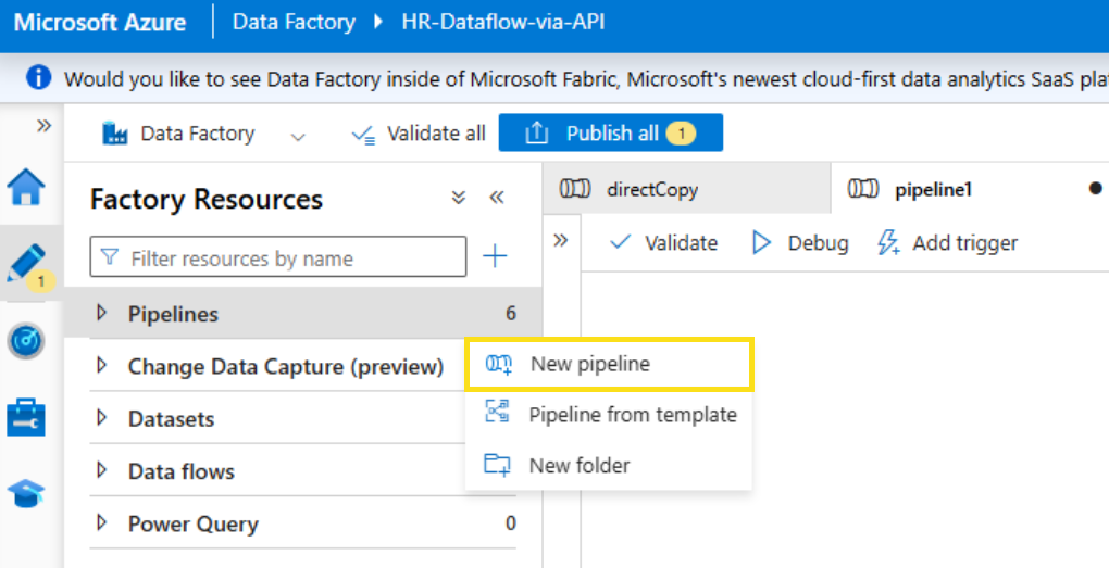 Screenshot that shows how to create a new pipeline.