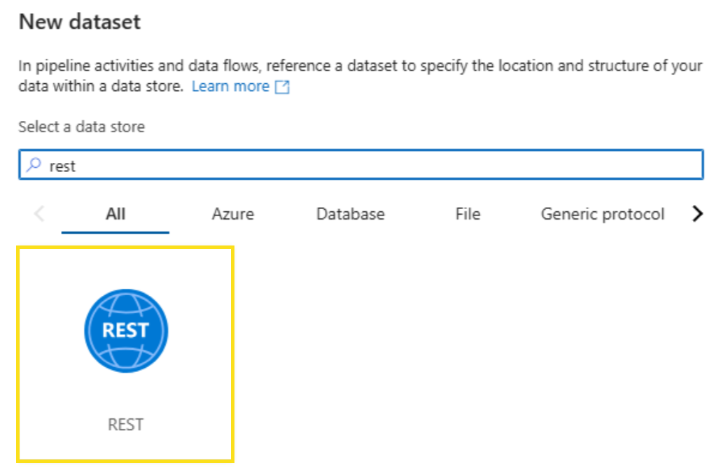 Screenshot that shows how to search for the Rest dataset.