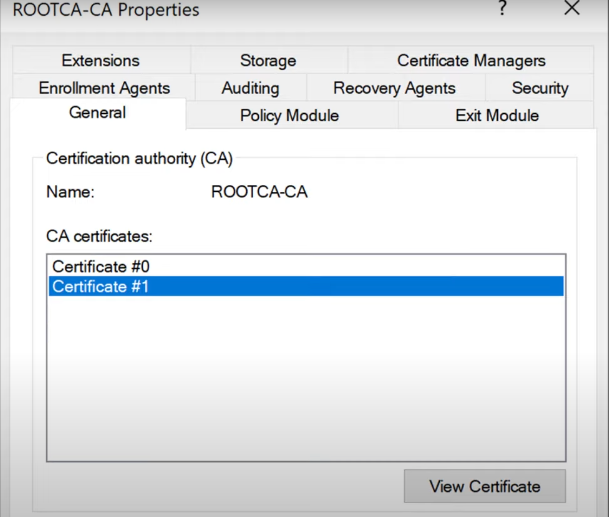A screenshot of the properties window for a root CA.