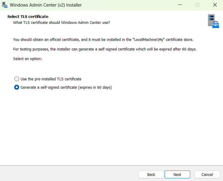 Screenshot of the Windows Admin Center v2 Installer with the option to either select a pre-installed TLS certificate or to generate a self-signed certificate.