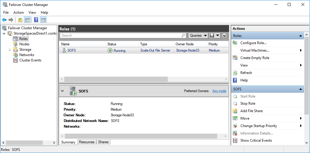 Failover Cluster Manager showing the Scale-Out File Server Screenshot of Failover Cluster Manager showing the Scale-Out File Server