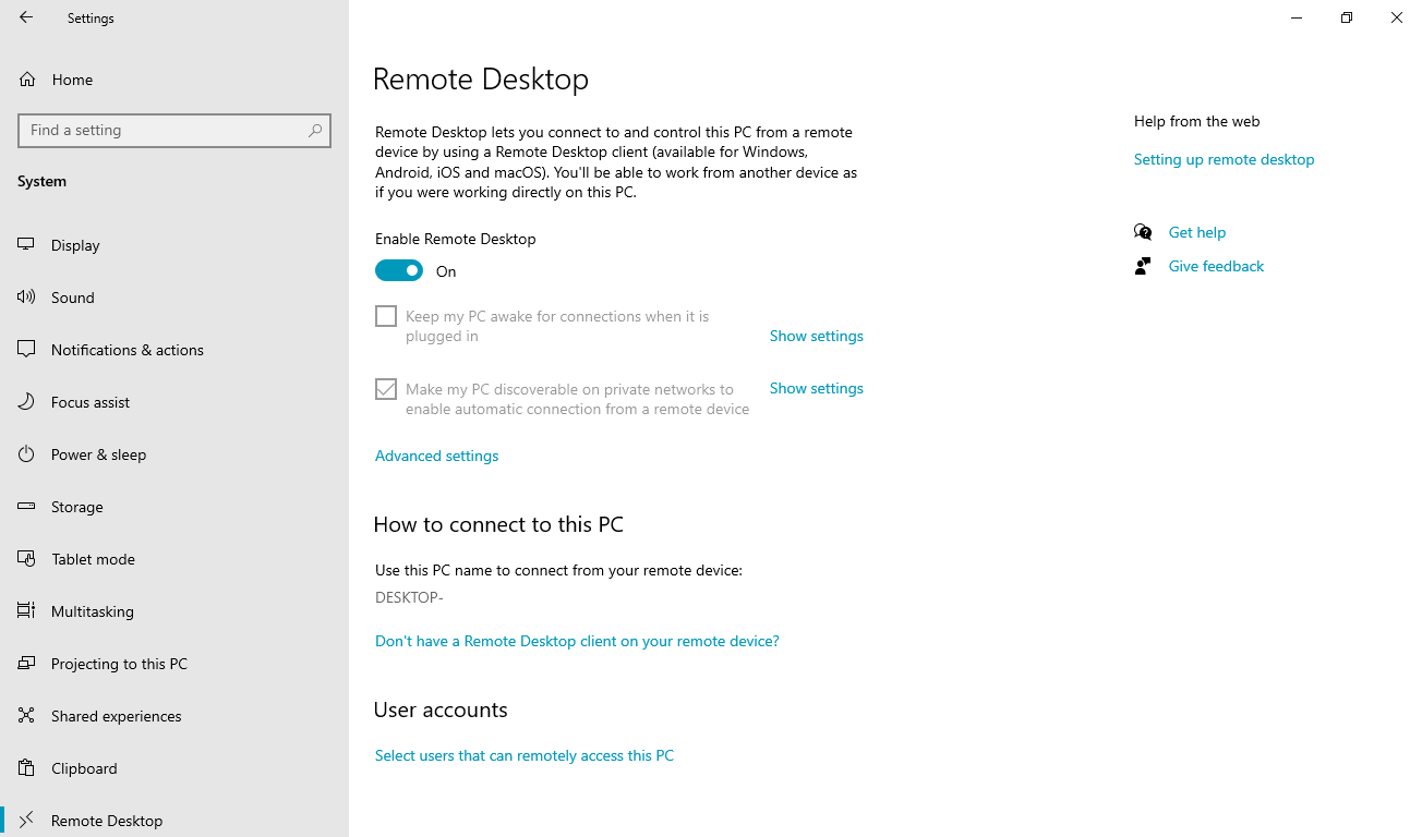 Screenshot of the Remote Desktop page in the Settings app. The Enable Remote Desktop toggle is in the on position.
