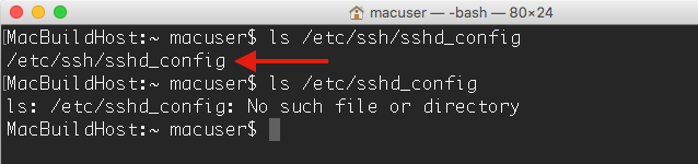 Running ls /etc/ssh/sshd_config and ls /etc/sshd_config in the Terminal